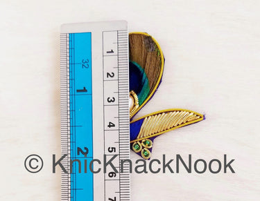 Hand Embroidered Peacock Applique In Blue, Red and Gold Embroidery With Peacock Feather And Gold Bead, Zardozi Work